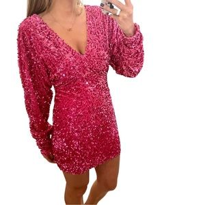 Bright Pink Sparkle Long Sleeve Mini Dress | Great for a Special Occasion